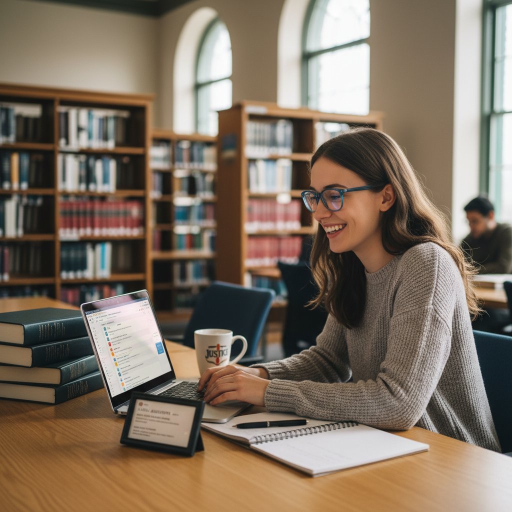 Uśmiechnięty student prawa w bibliotece z laptopem i notatkami, korzystający z asystenta online