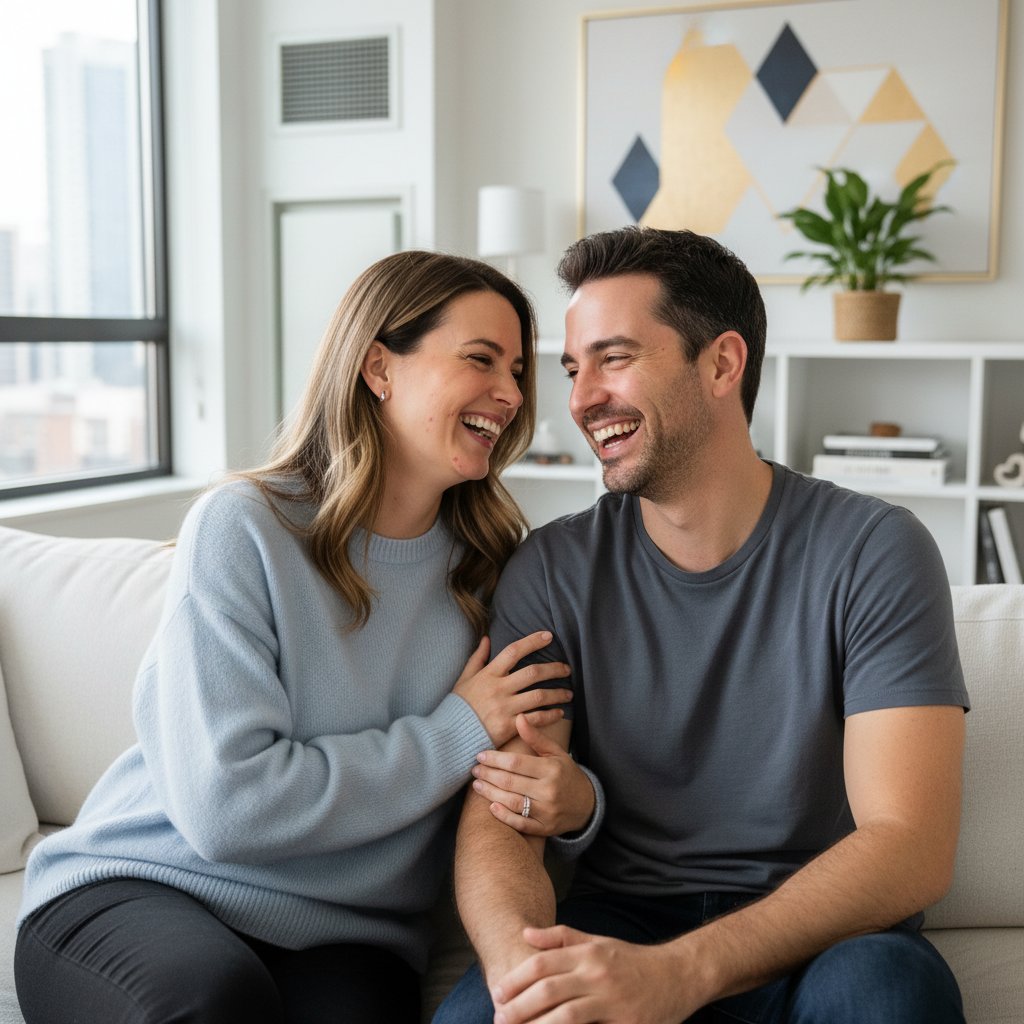 Mężczyzna i kobieta zadowoleni z efektów mezoterapii, naturalny uśmiech, nowoczesne wnętrze