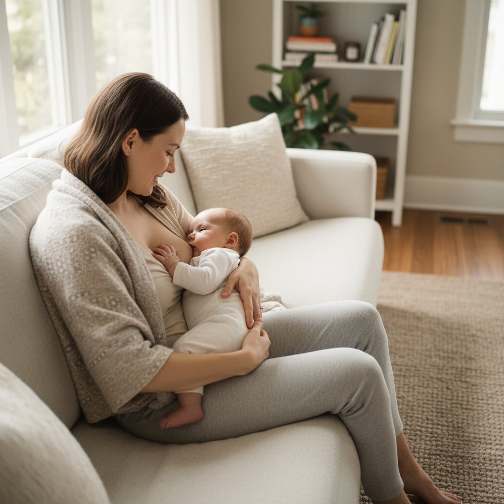 Mama uśmiechająca się do karmionego dziecka w domowym zaciszu