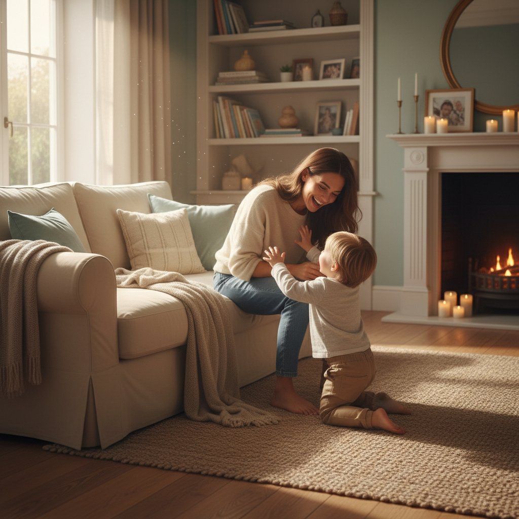 Szczęśliwa mama z dzieckiem na rękach, uśmiech, domowe wnętrze, ciepłe światło