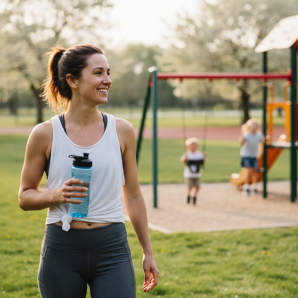 Uśmiechnięta młoda matka po treningu domowym, dzieci w tle, ciepła atmosfera