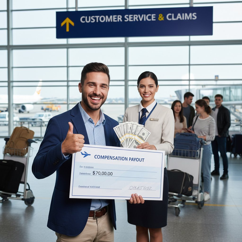 Zadowolona pasażerka odbierająca odszkodowanie na lotnisku