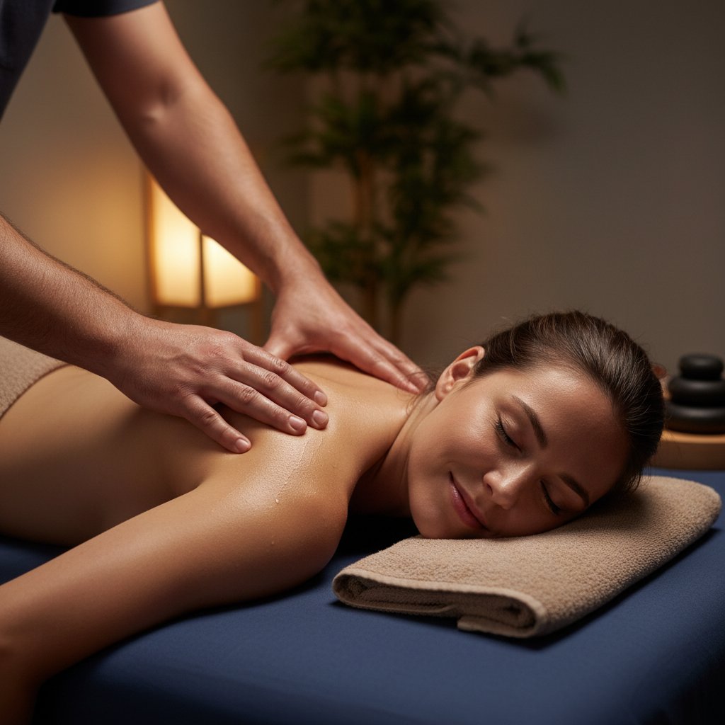 Pacjentka po masażu tkanek głębokich, wyraźna ulga i uśmiech, realistyczna scena
