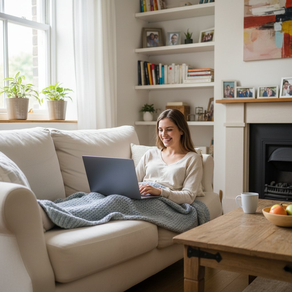 Pacjentka zadowolona po teleporadzie neurologicznej, ekran laptopa, domowe wnętrze