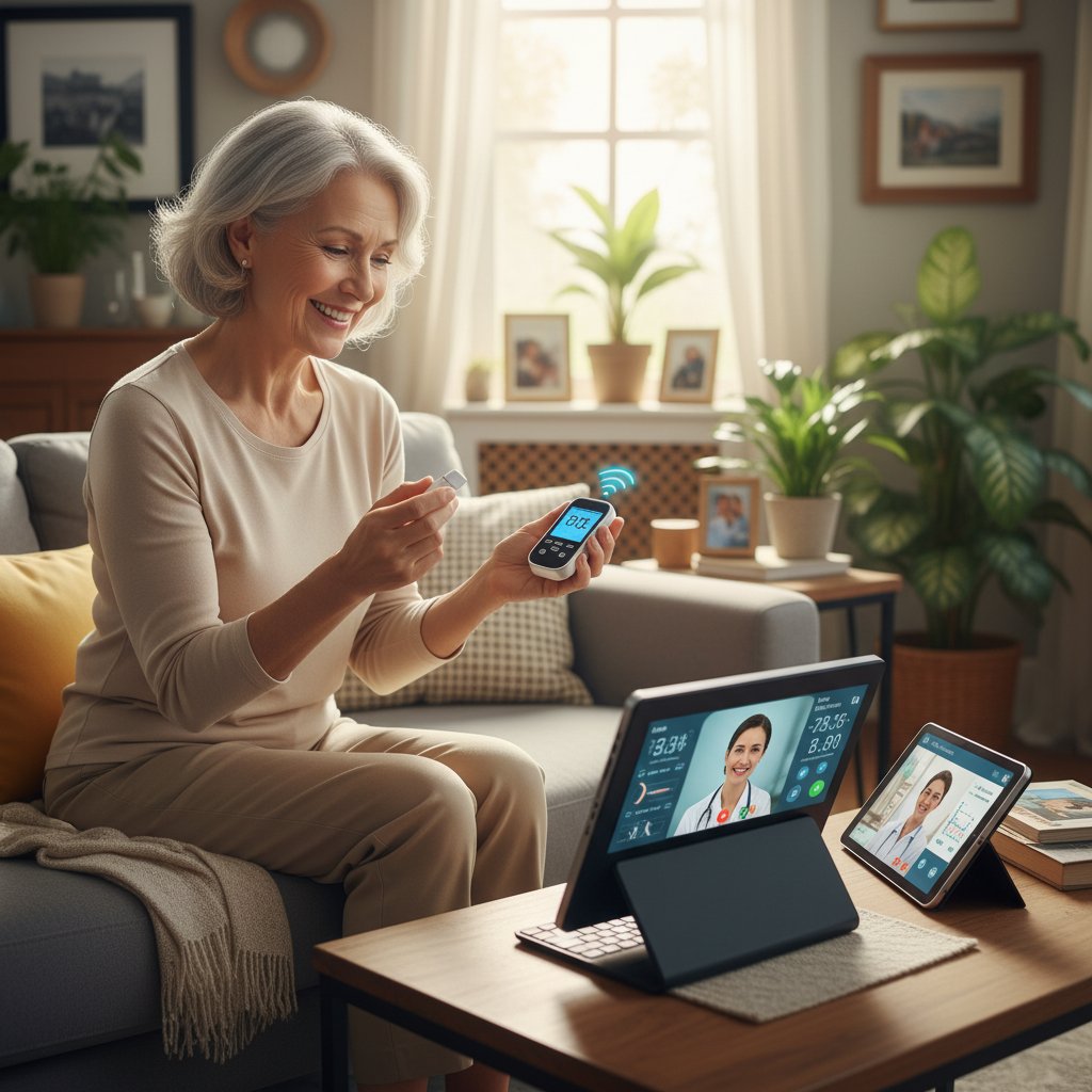 Zadowolony pacjent w domu korzystający z systemu monitorowania glikemii, telemonitor na stole