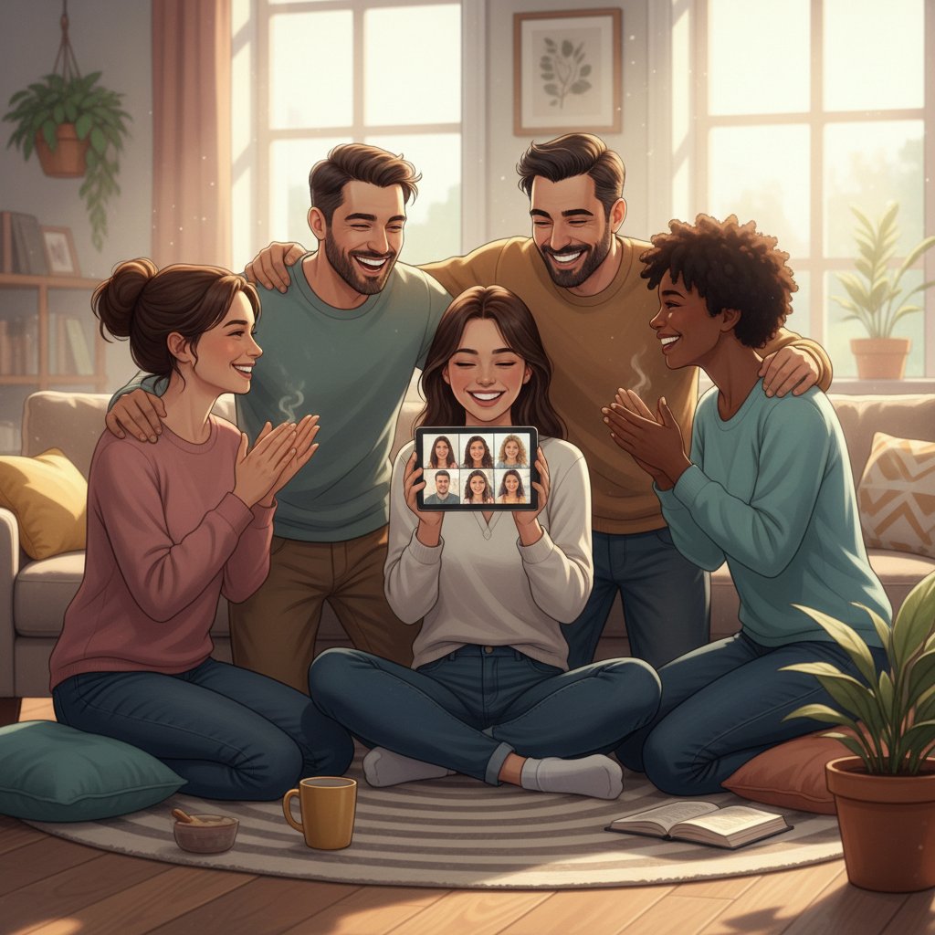 Różne osoby uśmiechnięte po rozmowie z cyfrowym chłopakiem, symbol poprawy samopoczucia