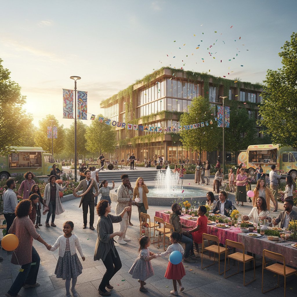 Szczęśliwi ludzie podczas wspólnego świętowania w nowym miejscu, poczucie wspólnoty