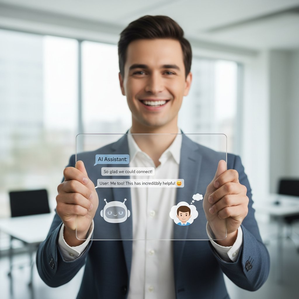 Osoba rozmawiająca z wirtualnym asystentem AI na ekranie laptopa, wyraźna interakcja i uśmiech