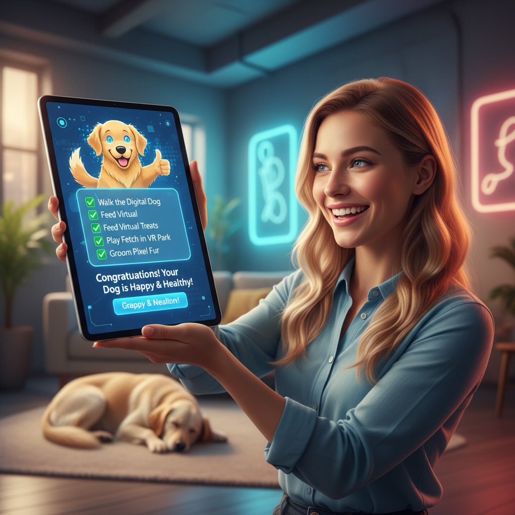 Osoba zadowolona po wypełnieniu checklisty, ekran z potwierdzeniem wyboru cyfrowego psa