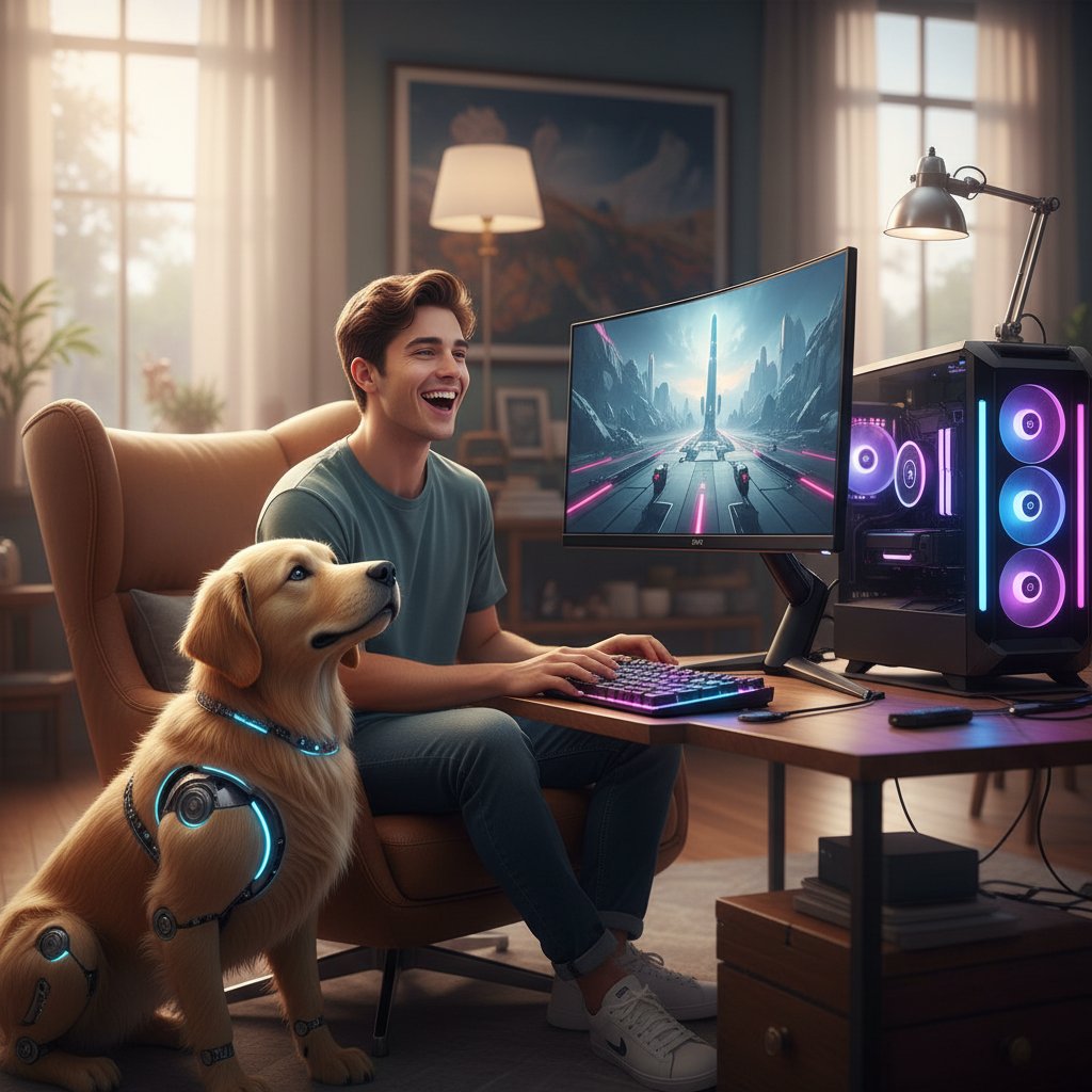 Osoba przy komputerze, uśmiechnięta, na ekranie realistyczny pies AI | pies symulator leczenia samotności