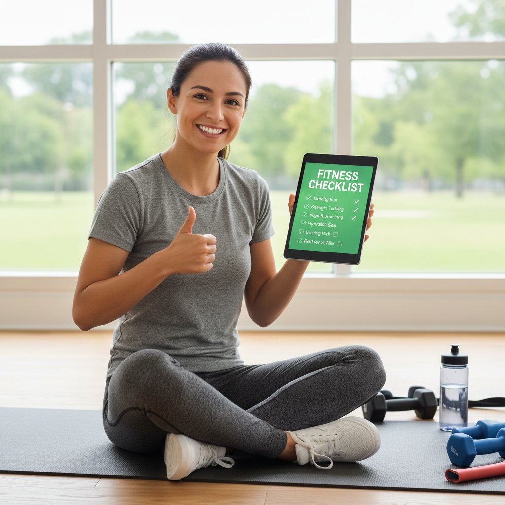 Zadowolona osoba odhaczająca kolejne punkty checklisty treningu obwodowego na tablecie