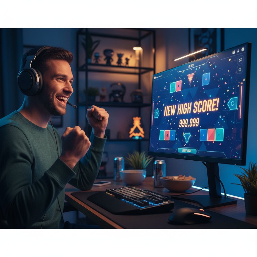 Uśmiechnięta osoba osiągająca wysoki wynik w grze logicznej online, odczuwająca satysfakcję