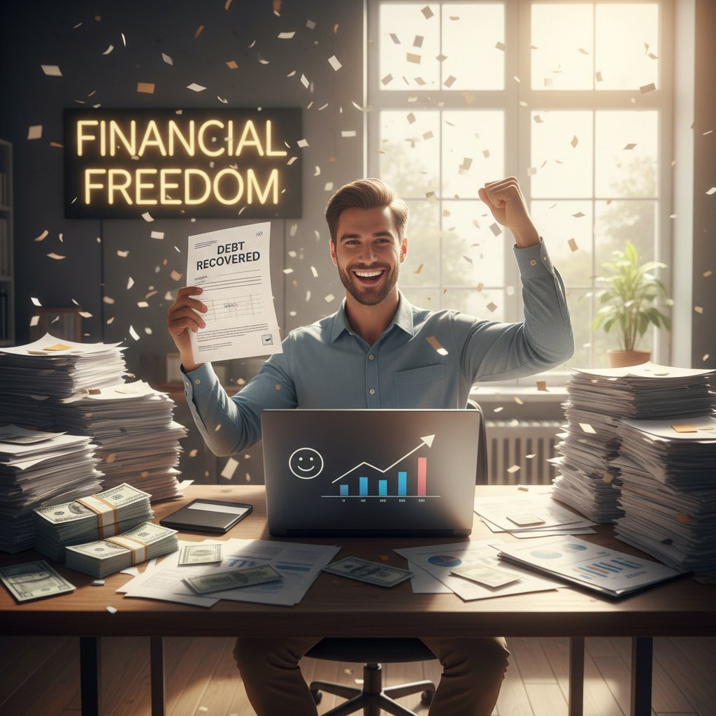 Osoba zadowolona po odzyskaniu pieniędzy, siedzi przy laptopie, w tle dokumenty i telefon