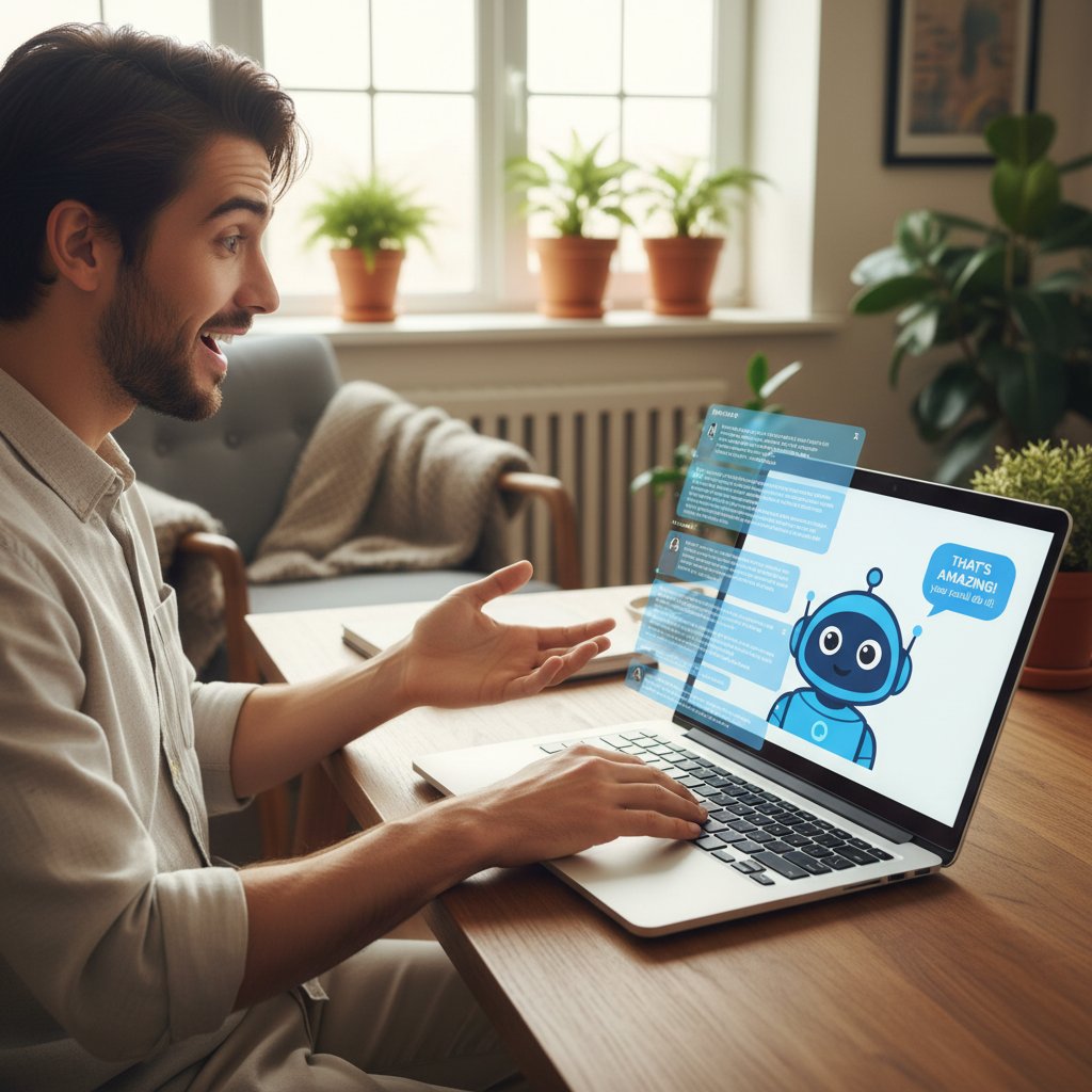Szczęśliwa osoba przed laptopem, zaskoczona naturalnością rozmowy z botem