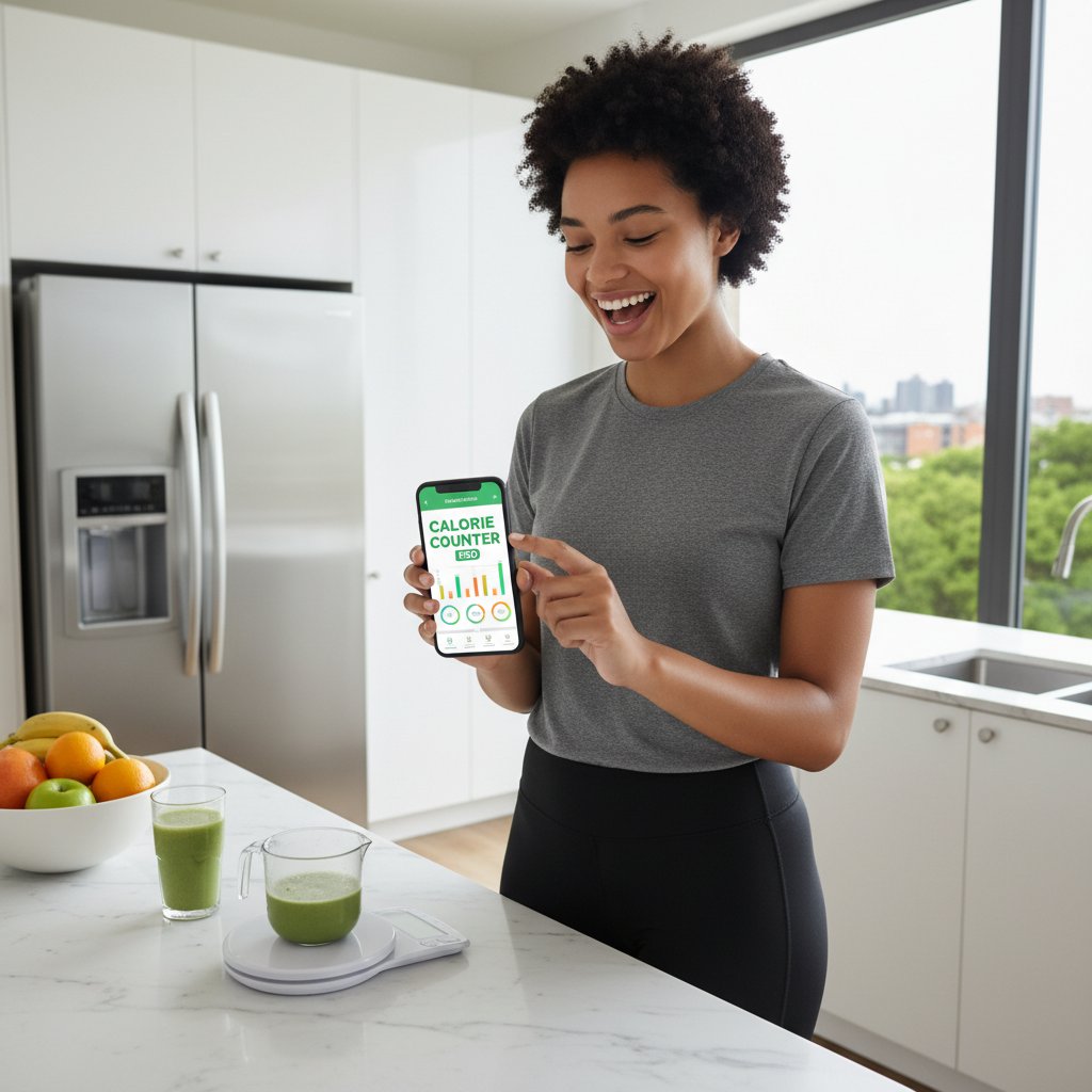 Osoba zadowolona z korzystania z aplikacji do liczenia kalorii w nowoczesnej kuchni