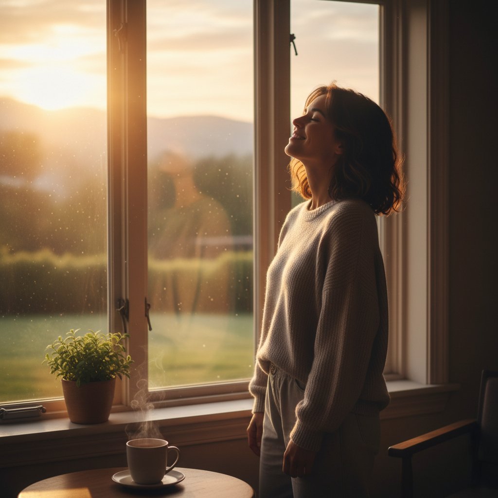 Osoba pogodna patrząca w okno rano, po nocy pełnej wsparcia, atmosfera nadziei i nowego początku