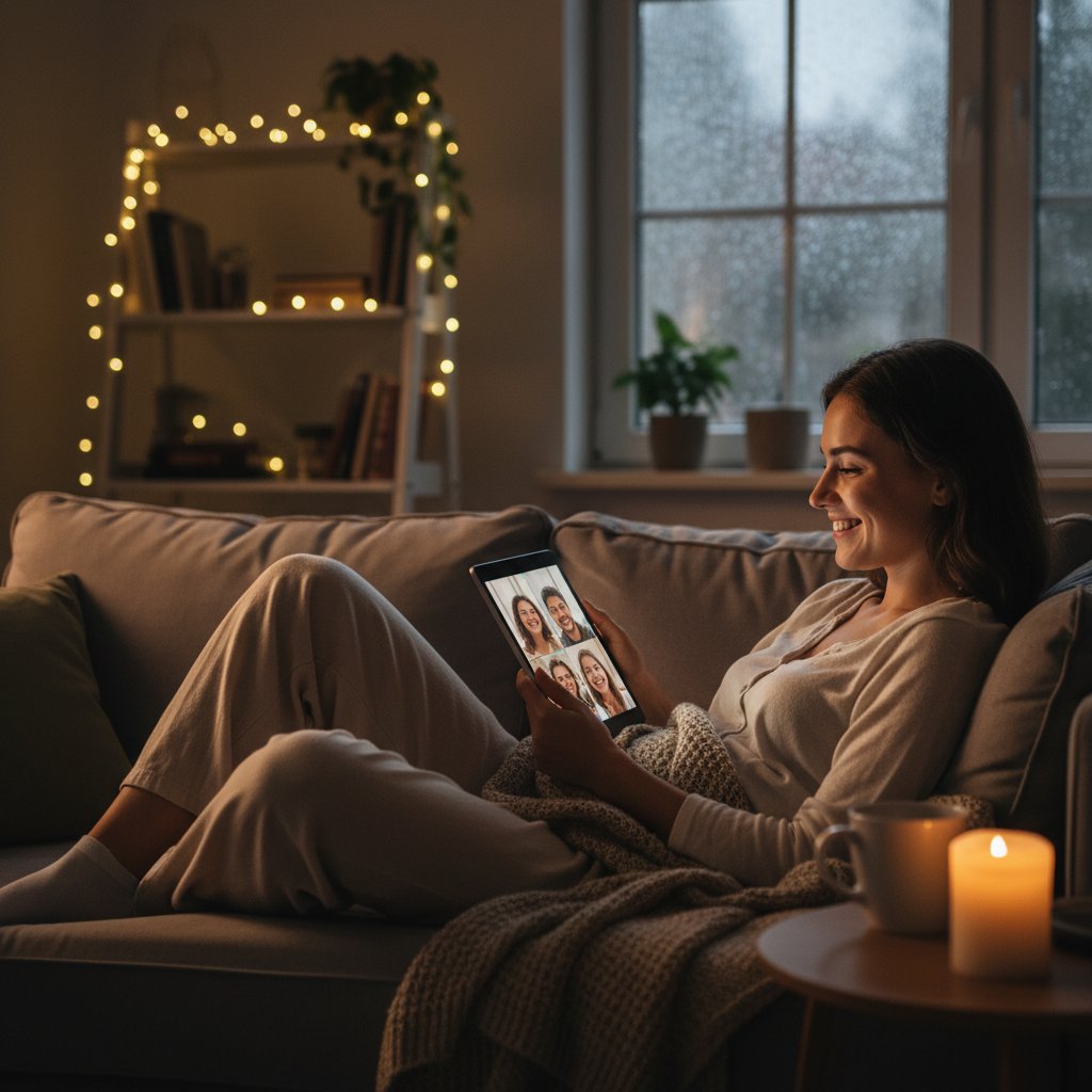 Szczęśliwa osoba rozmawiająca online nocą, relaksująca atmosfera