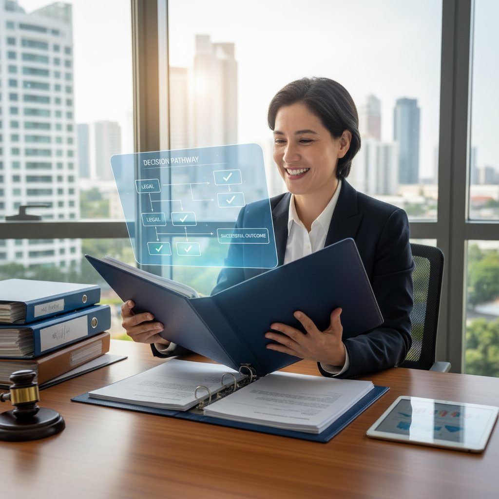 Osoba zadowolona po uporządkowaniu procesów decyzyjnych, trzymająca teczkę z napisem 'Prawo', keywords: sukces w decyzjach prawnych