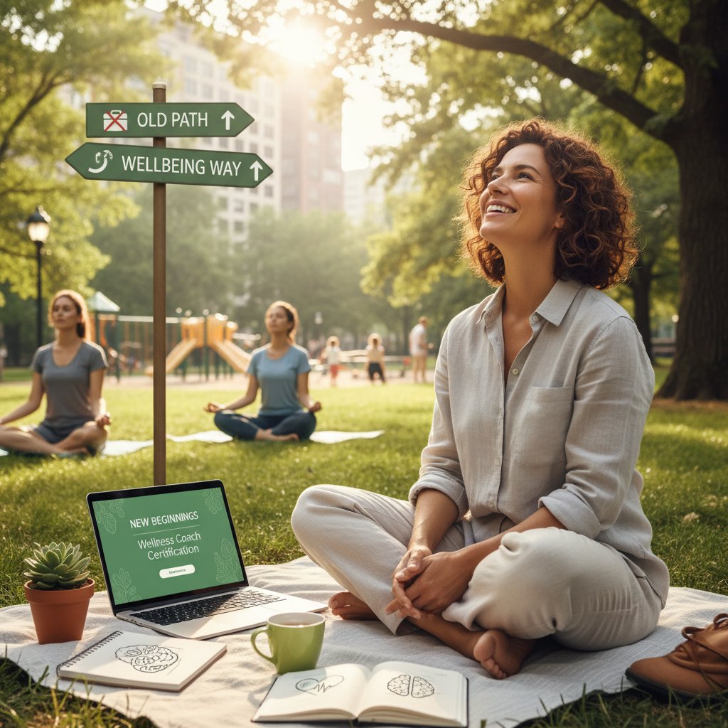 Osoba spacerująca po parku z uśmiechem, symbol zdrowia psychicznego po zmianie pracy