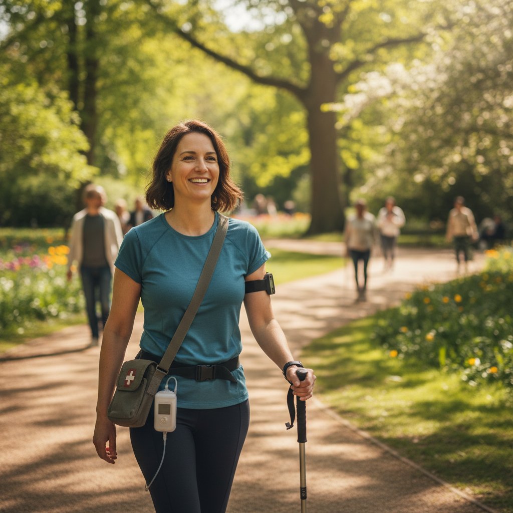 Zdjęcie osoby spacerującej w parku, uśmiechniętej pomimo przewlekłej choroby nerek