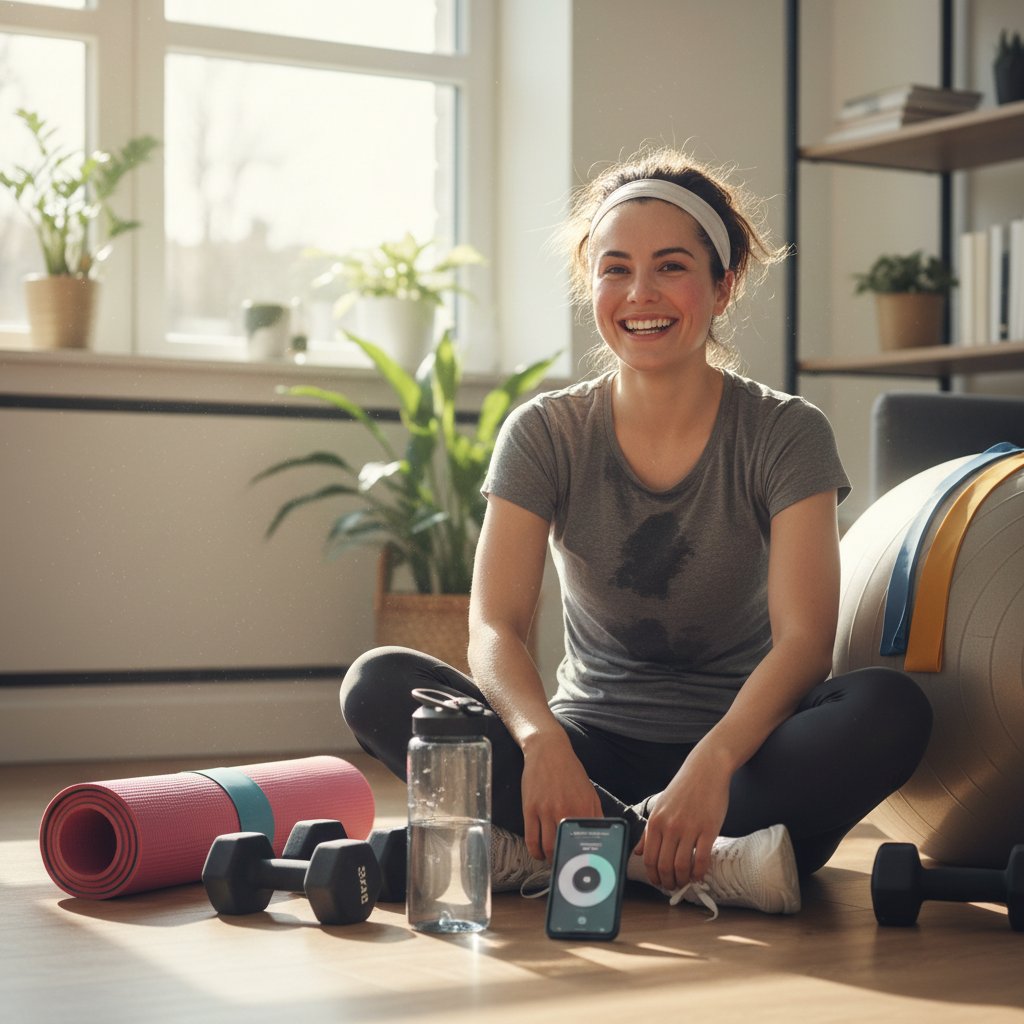 Osoba zadowolona po treningu fitness w domu, uśmiechnięta, światło dzienne, pozytywna energia