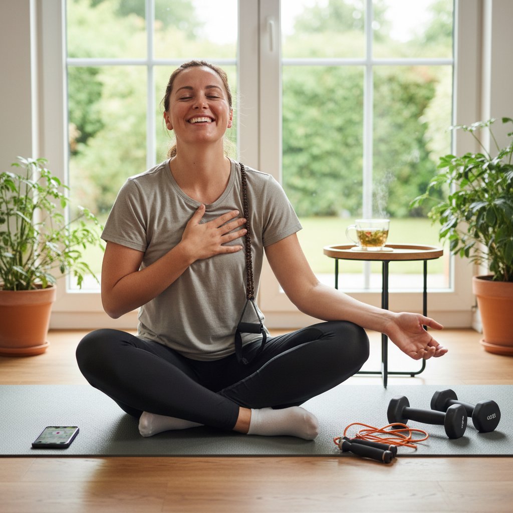 Zadowolona osoba po szybkim treningu fitness w domu, satysfakcja, relaks