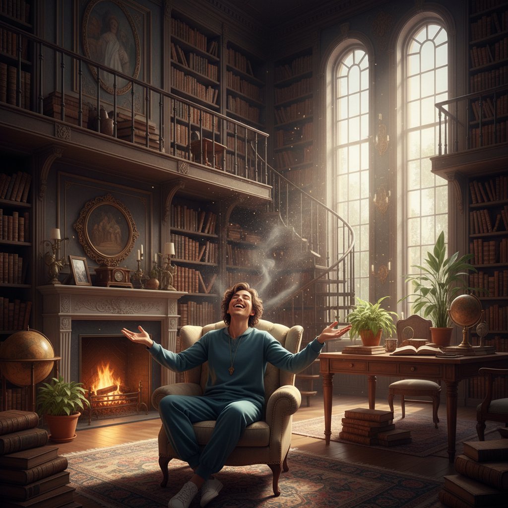 Osoba zadowolona po skutecznej inhalacji, światło dzienne, w tle domowa biblioteczka