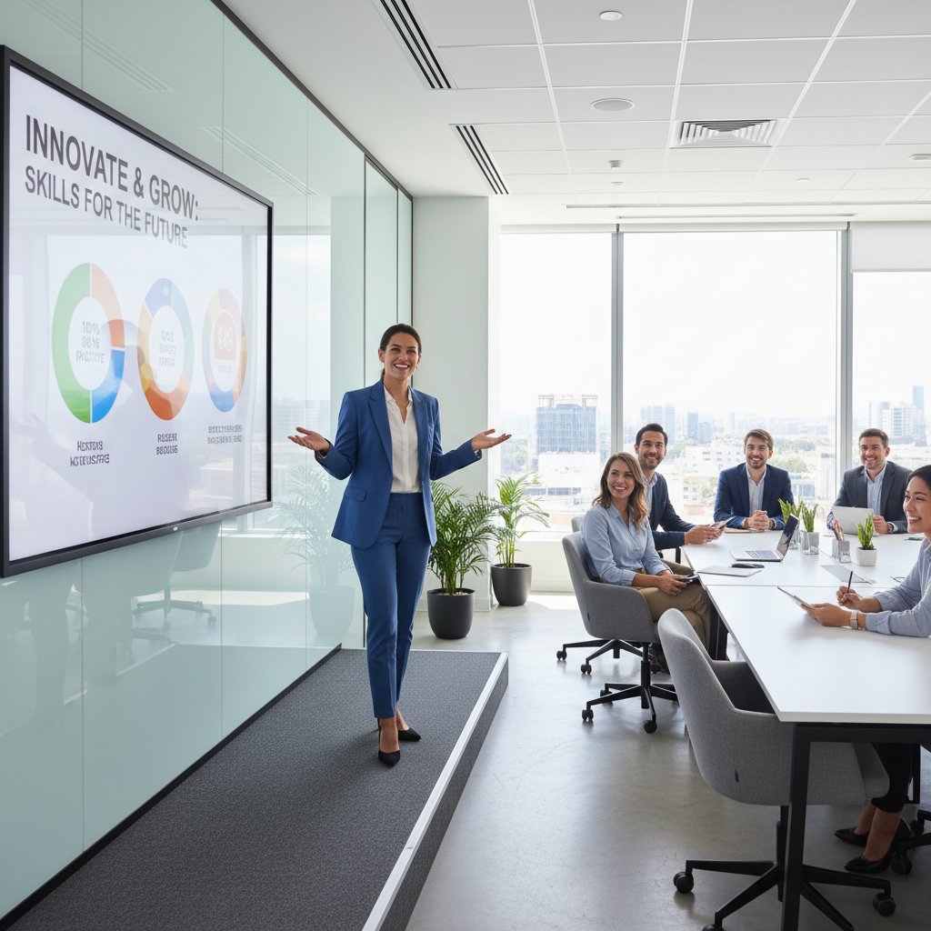 Osoba zadowolona po udanym treningu prezentacji online w nowoczesnym biurze