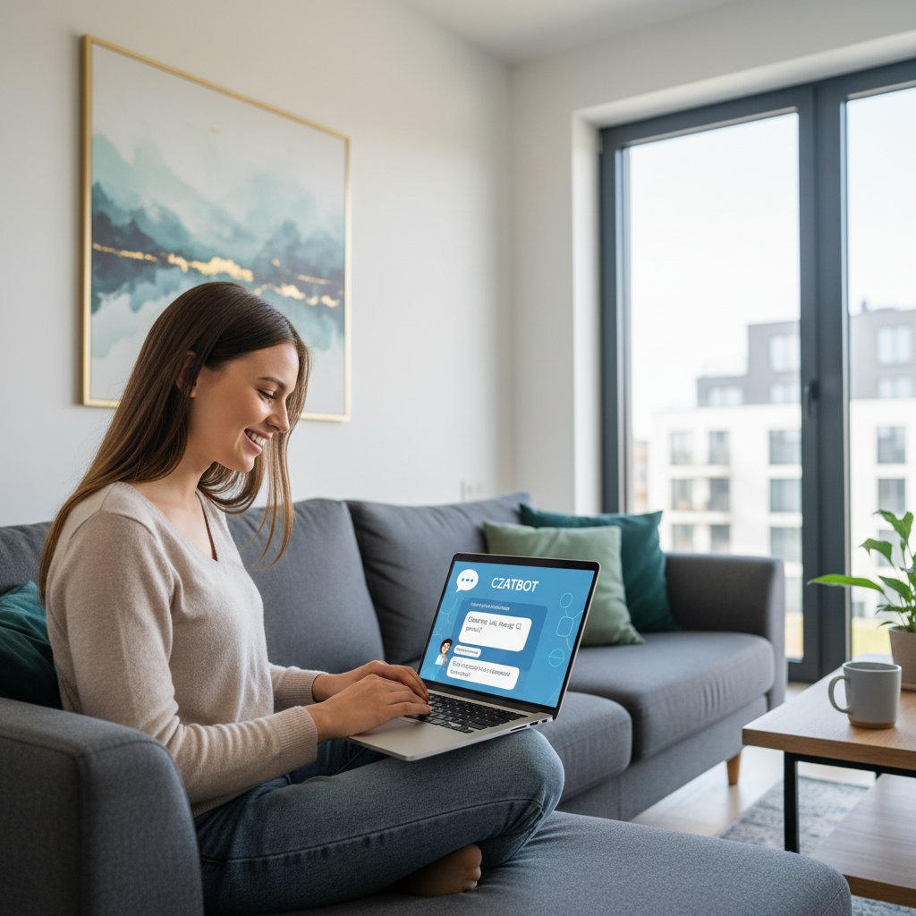 Zadowolona osoba korzystająca z polskiego chatbota AI na laptopie, nowoczesne wnętrze, atmosfera spokoju i zaufania