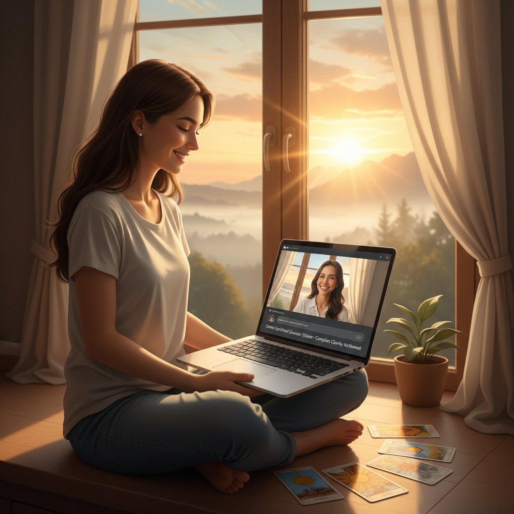 Glückliche Person am Fenster mit Laptop und Tarotkarten in der Hand, Sonnenaufgang im Hintergrund, Symbol für Zuversicht und Klarheit nach Online-Beratung