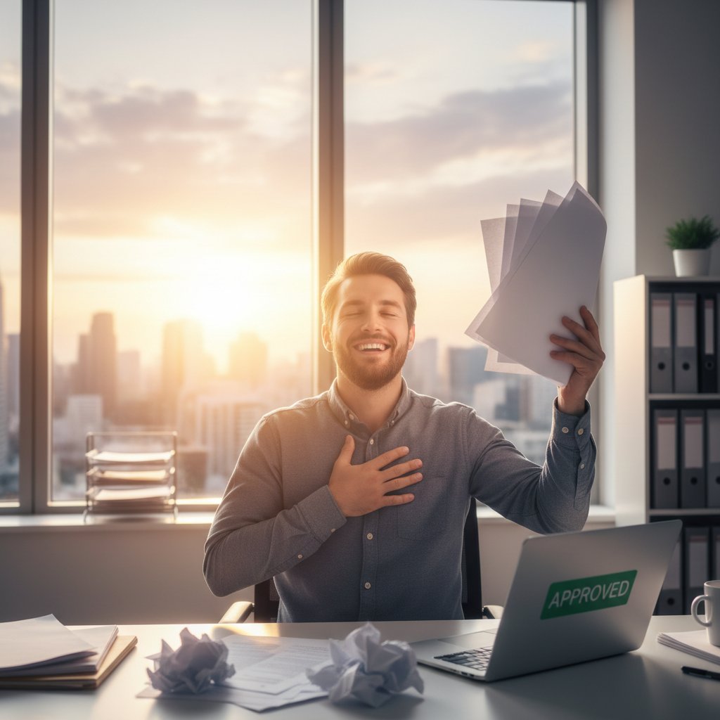 Osoba zadowolona po skutecznej windykacji, uśmiechnięta, trzymająca dokumenty, atmosfera ulgi i spokoju