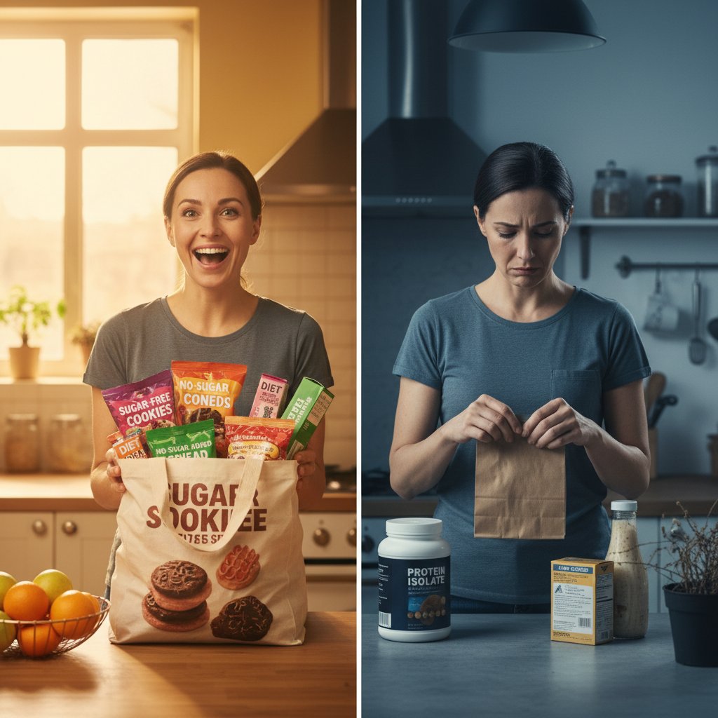 Uśmiechnięta osoba prezentująca zakupy bez cukru i druga, przygnębiona z produktami fit, kontrast emocji