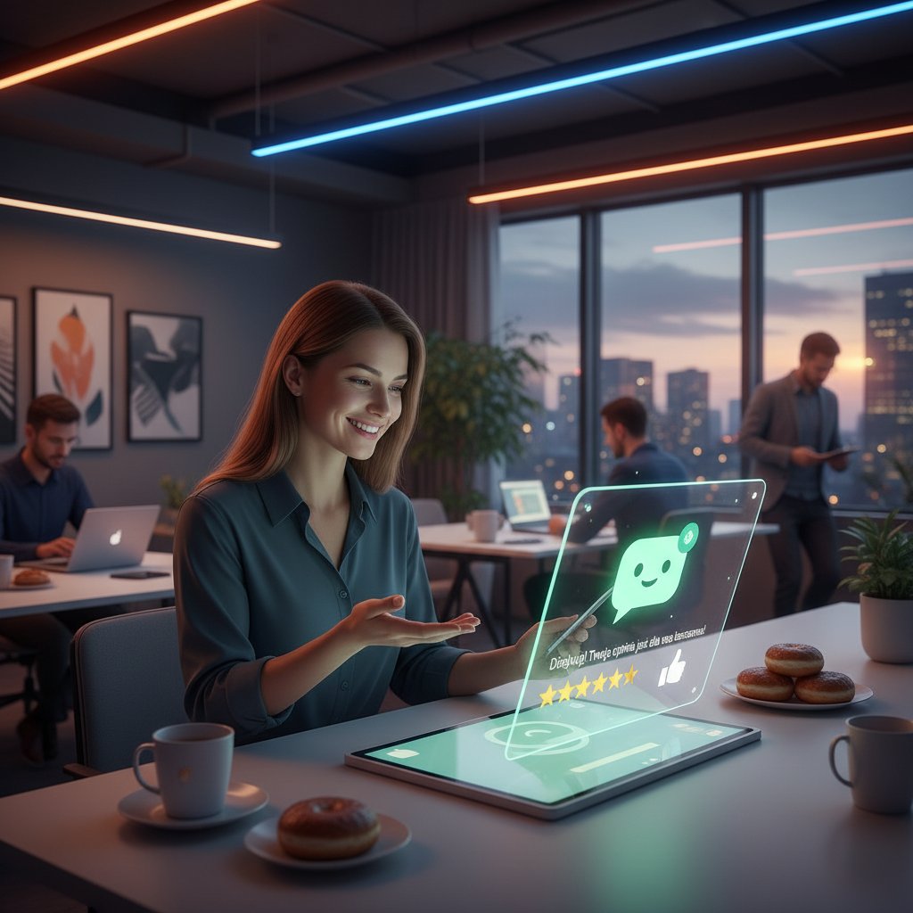 Zadowolony klient otrzymujący pozytywną odpowiedź od chatbota, nowoczesne biuro, wieczór