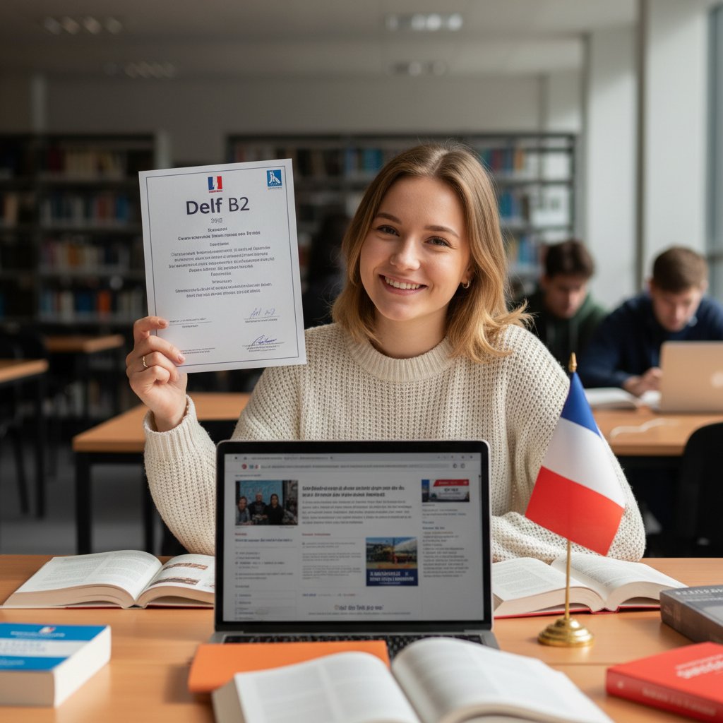 Szczęśliwa polska studentka z certyfikatem DELF online, laptop na biurku, uśmiech, francuskie flagi w tle