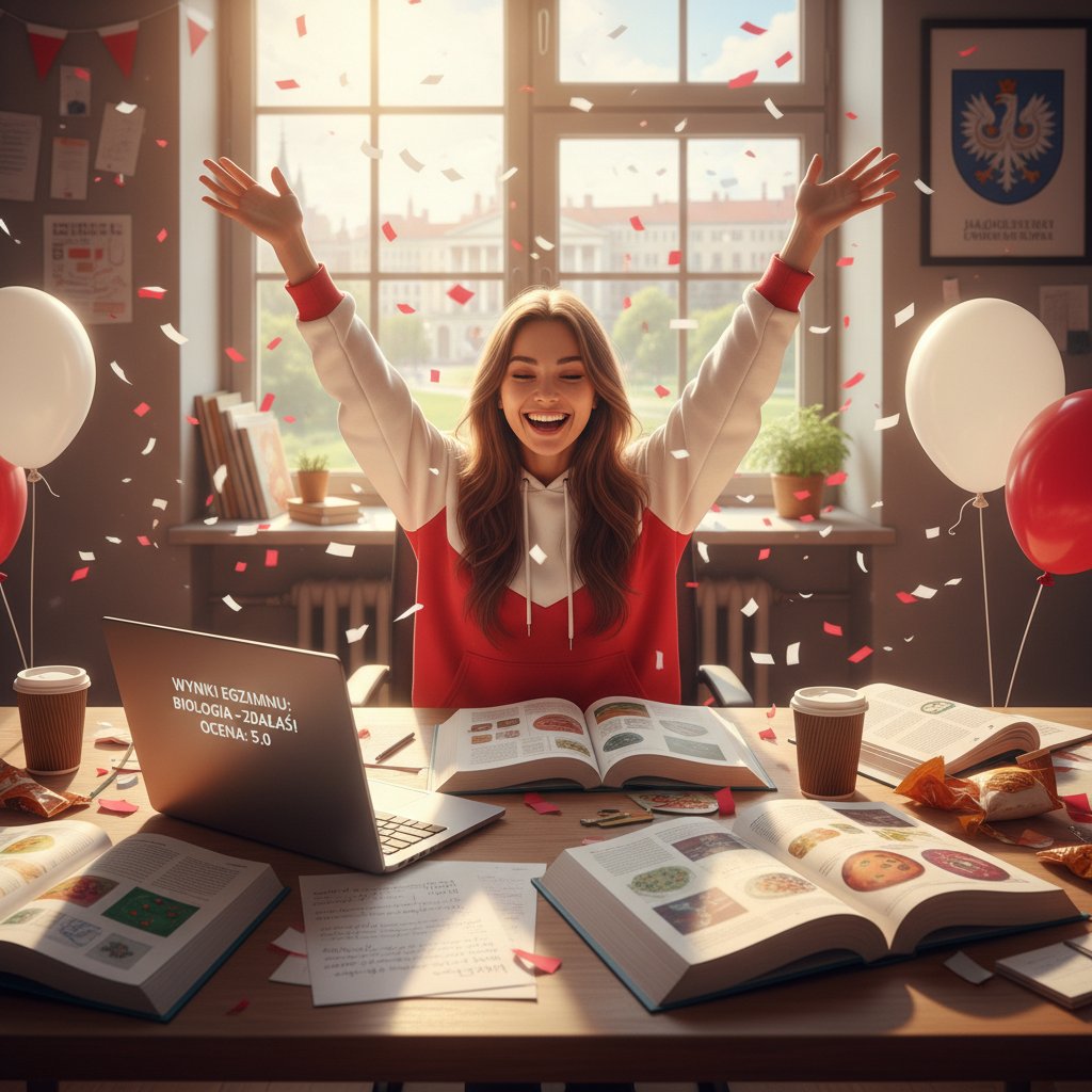 Uczennica świętująca wyniki matury z biologii dzięki nauce online, otoczona książkami i laptopem, wyraz radości i satysfakcji z efektów biologia online korepetycje