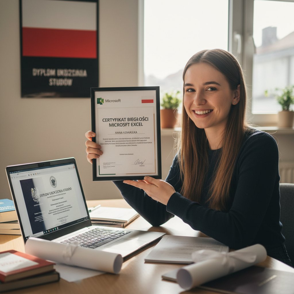 Polska studentka zadowolona po zdobyciu certyfikatu Excela, biurko z laptopem, dyplom, uśmiech