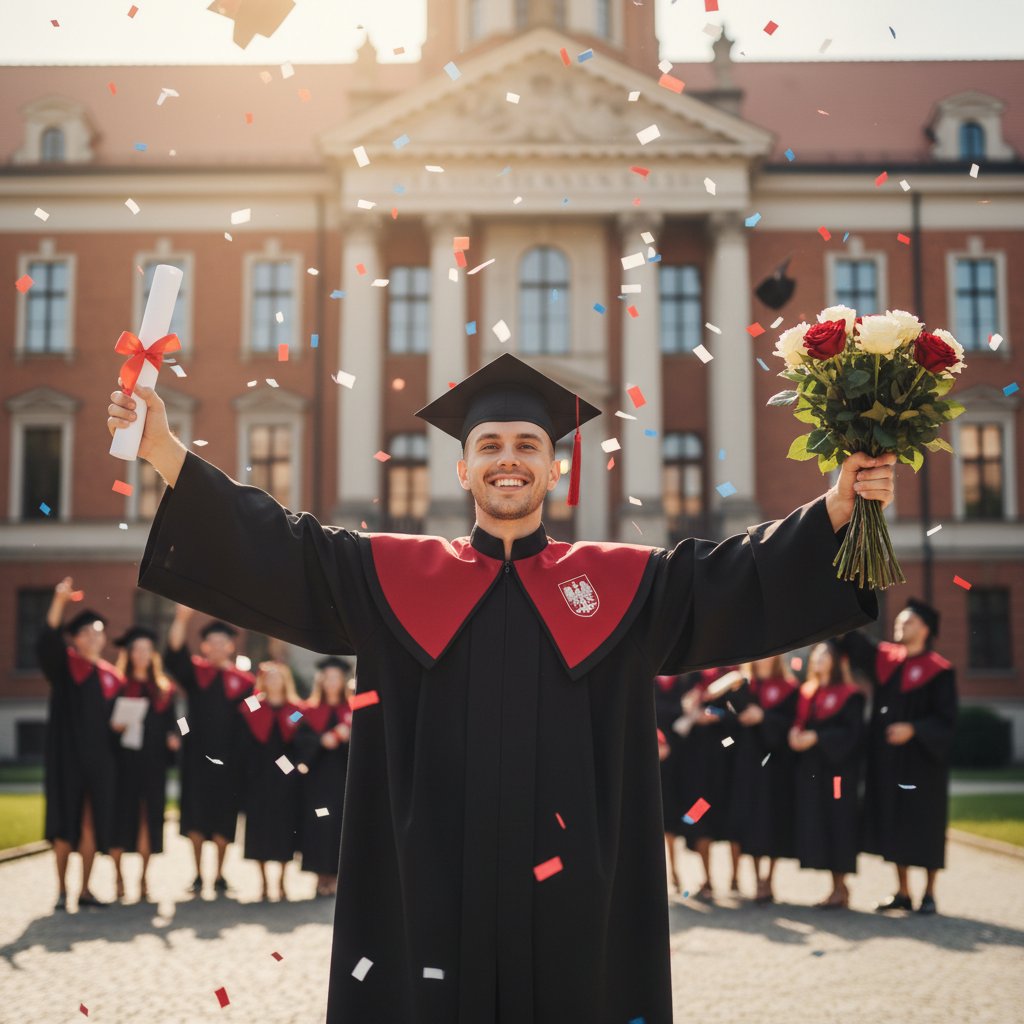 Zadowolony maturzysta świętujący zdanie egzaminu, inspiracja dla innych