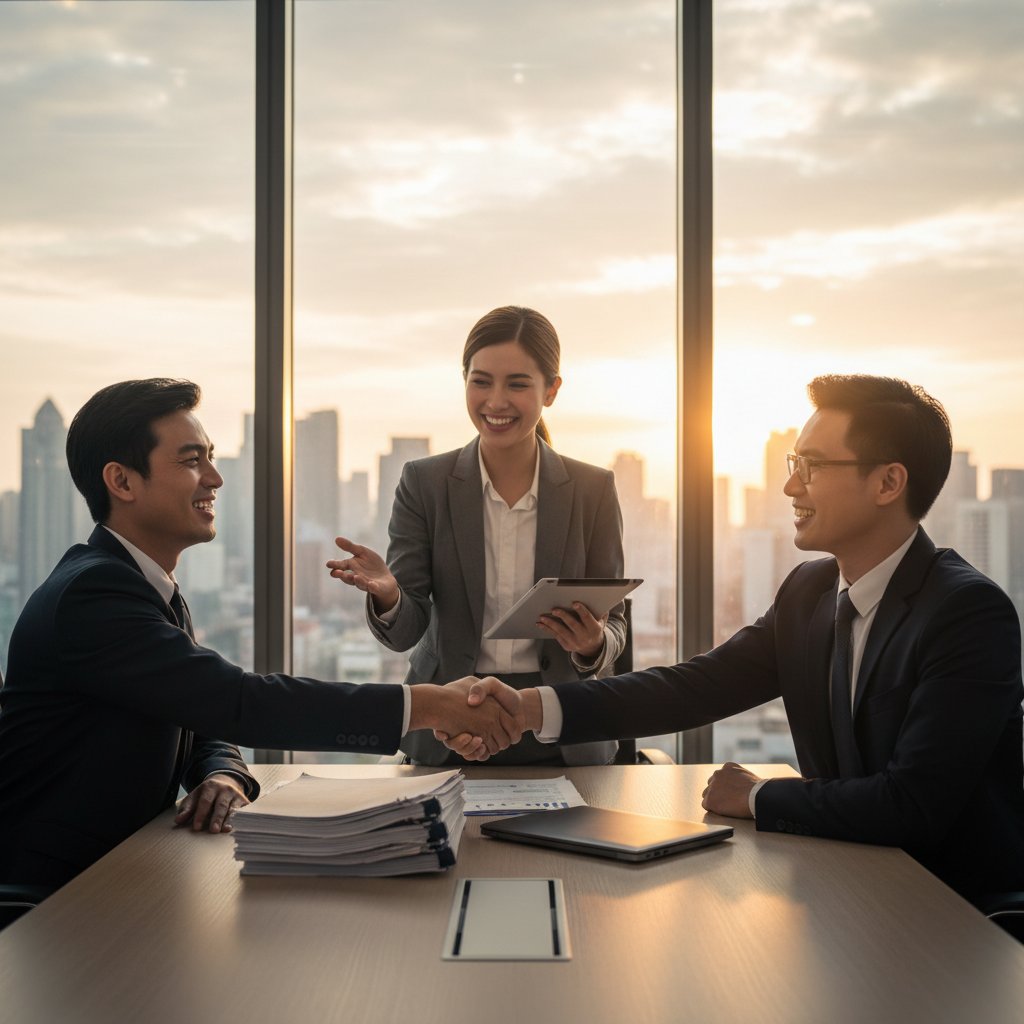 Zadowolony profesjonalista po udanej rozmowie o podwyżkę, uśmiechnięty w nowoczesnym biurze