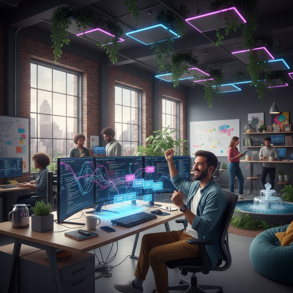 Programista z uśmiechem w kreatywnym biurze podczas pierwszego wdrożenia chatgpt api