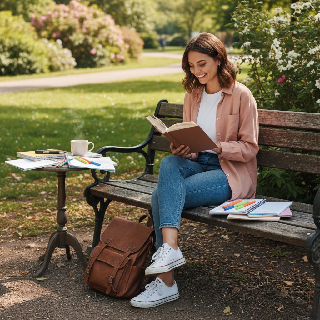 Kobieta czytająca książkę na ławce, otoczona notatkami, zadowolona, spokojna atmosfera