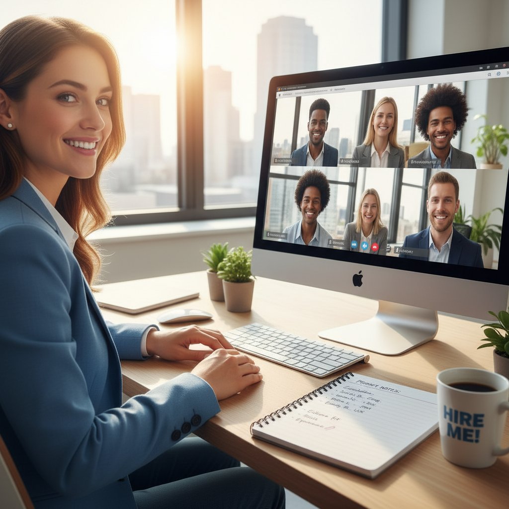 Uśmiechnięta rekruterka przy komputerze, notatki z promptami, atmosfera ulgi