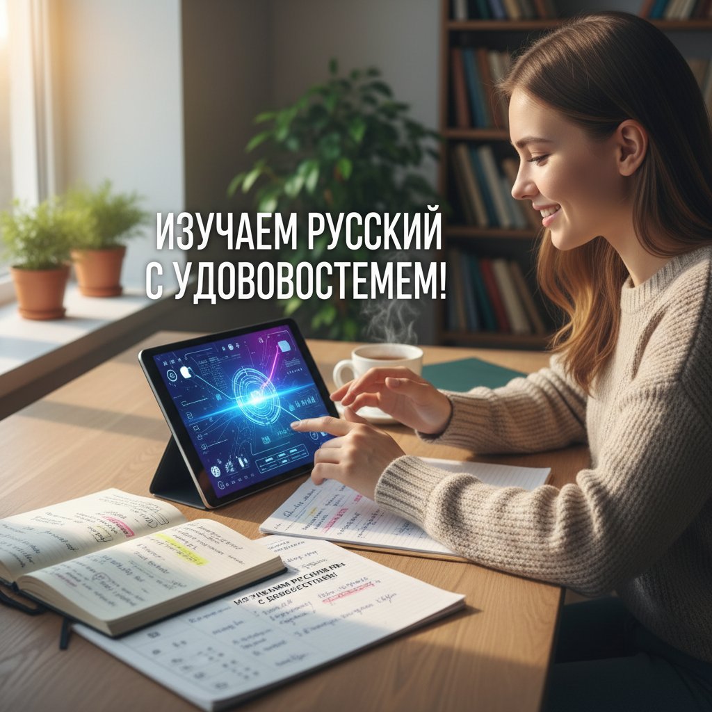 Zadowolony uczeń korzysta z platformy AI do nauki rosyjskiego na tablecie, notatki obok