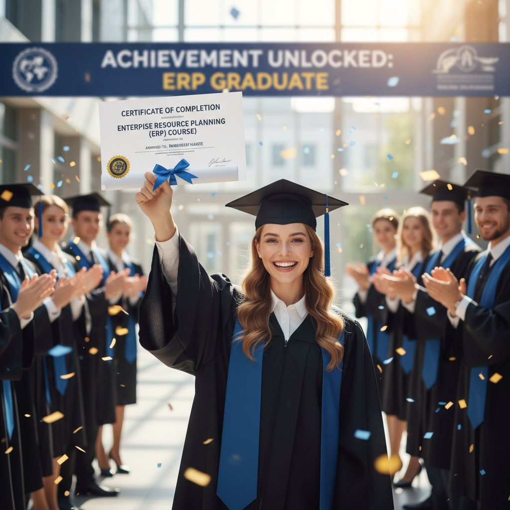 Szczęśliwy uczeń z certyfikatem ukończenia kursu ERP, radość i poczucie osiągnięcia