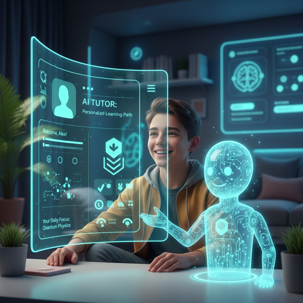 Glücklicher Schüler mit digitalem Lernprofil und KI-Tutor am Laptop