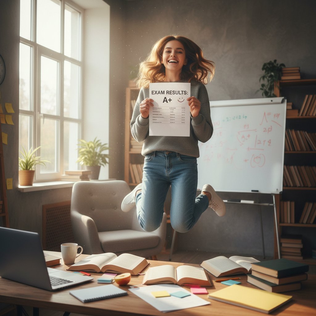 Szczęśliwy uczeń z wynikiem egzaminu, radość po samodzielnej nauce