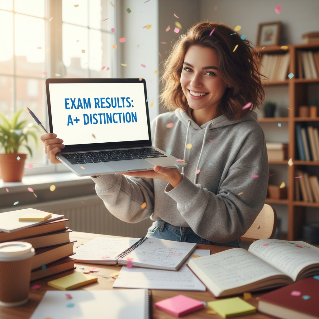 Zadowolona maturzystka z wynikiem egzaminu, laptop i notatki na biurku