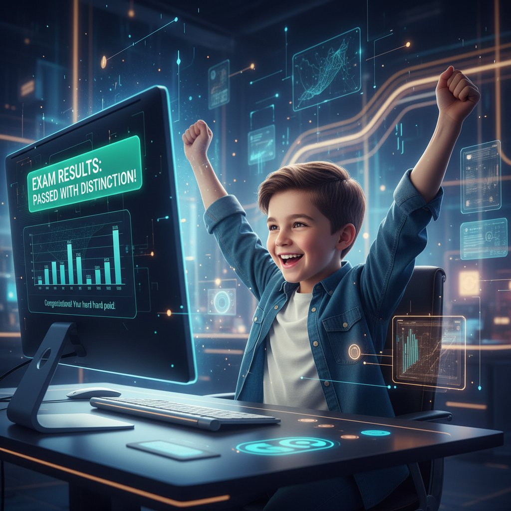 Zadowolony uczeń, wyniki matury, komputer, powiadomienie o sukcesie, AI w tle