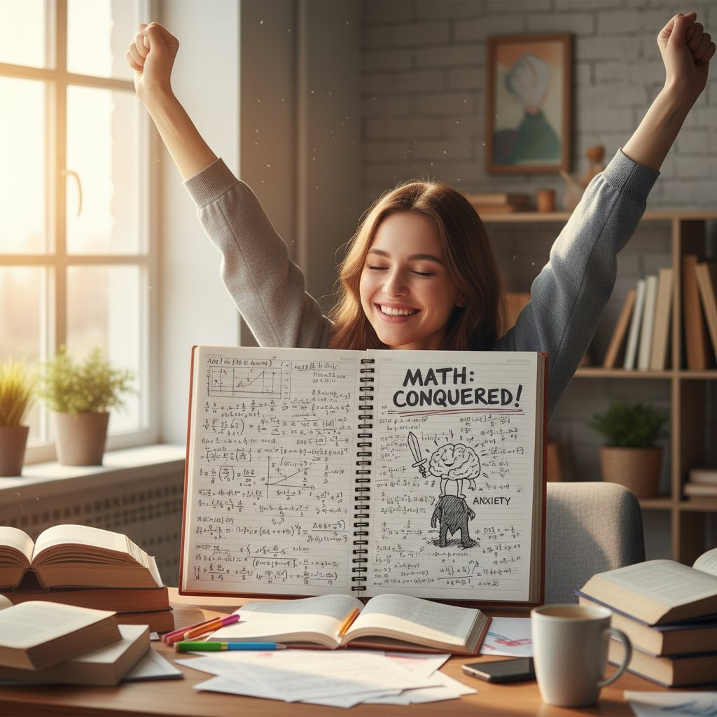 Uśmiechnięty student z zeszytem pełnym notatek matematycznych – symbol zwycięstwa nad lękiem i skutecznej nauki