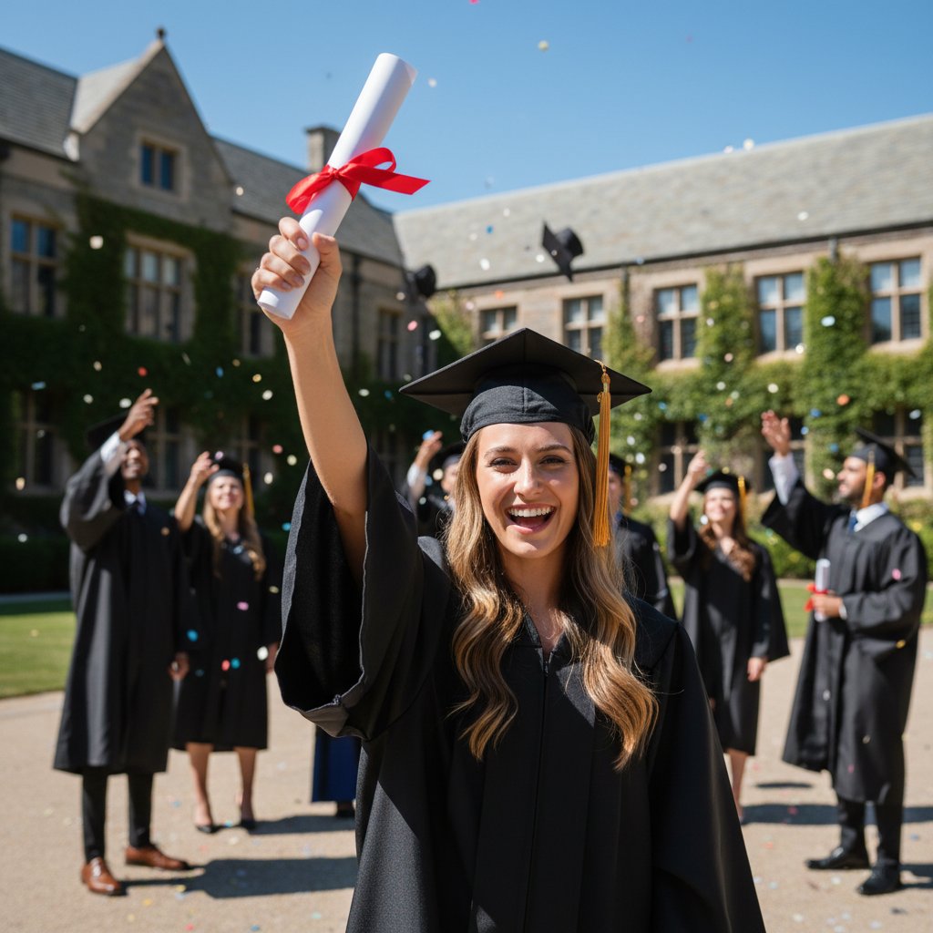 Uśmiechnięta uczennica trzymająca świadectwo „Matura ZDANA” po zdanym egzaminie z matematyki