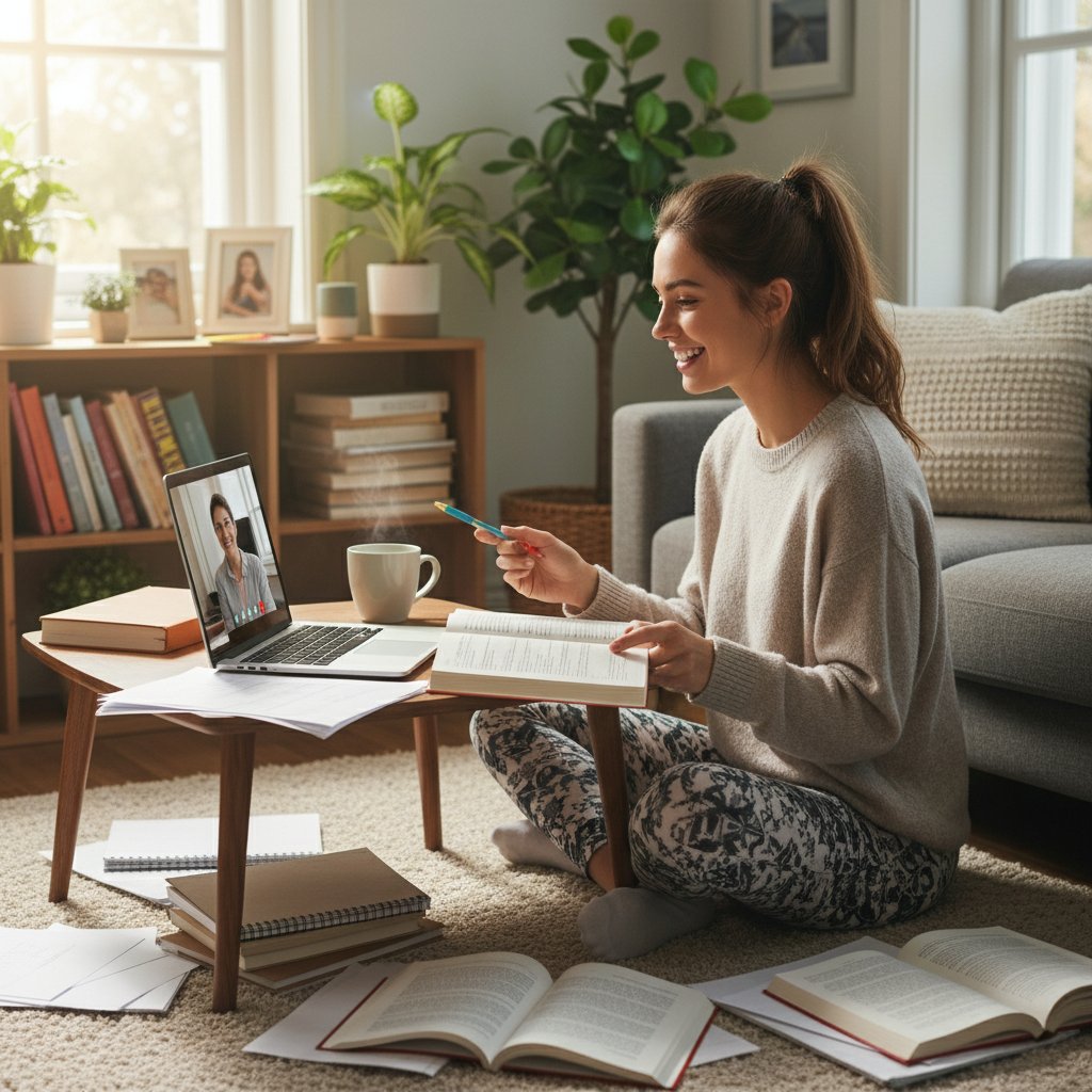 Radość ucznia po uzyskaniu pomocy edukacyjnej w domu, w otoczeniu książek i laptopa